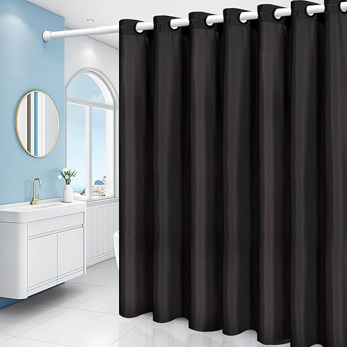 Furlinic No Hooks Needed Black Shower Curtain or Liner,Polyester Fabric Bathroom Curtains with 6 Split Grommets,Waterproof & Machine Washable,Stall Size,48x78 Inch