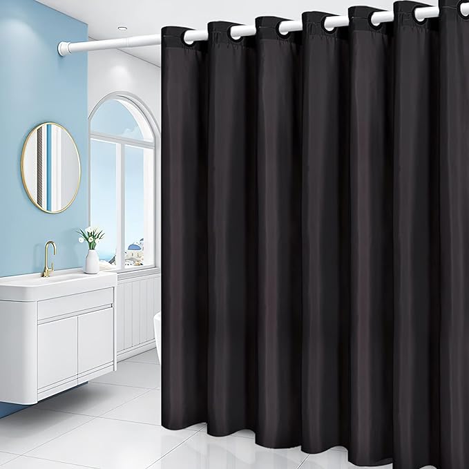 Furlinic No Hook Stall Shower Curtain 36x72 Inch,Polyester Fabric Bathroom Curtains with 4 Plastic Built-in Grommets,Waterproof & Machine Washable,Hotel Style,Small Half Size,Black