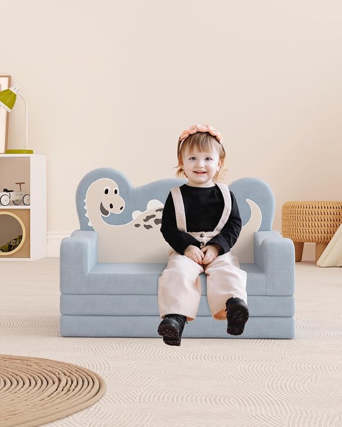 2-in-1 Kids Couch Fold Out, Convertible Toddler Couch to Lounger, Toddler Chair Comfy, Kids Sofa for Girls and Boys, Gift for Birthday, Children's Day, Dinosaur Blue