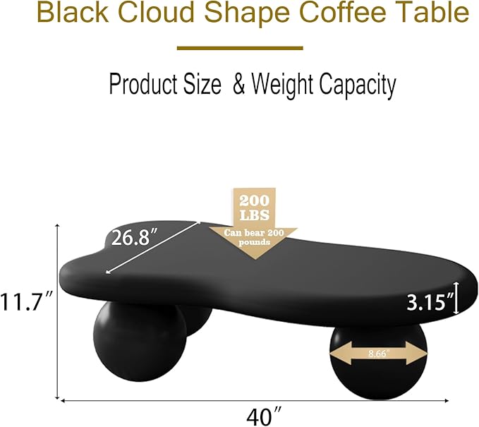 40 Inch Cloud Shaped Coffee Table with 3 Ball Legs for Living Room Black