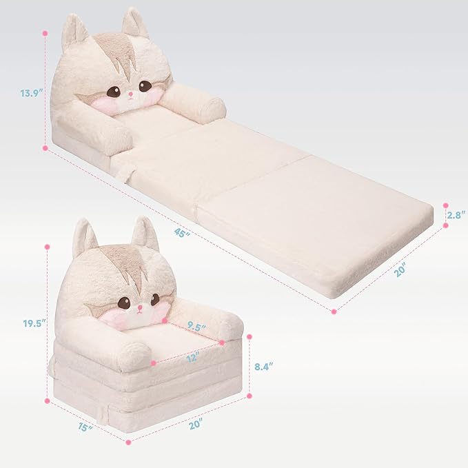 MONKISS Kids Couch, Comfy Toddler Chair, 2 in 1 Fold Out Kids Sofa to Lounger, Baby Sleeper Chair, Toddler Furniture, Birthday Gifts for Boys and Girls, 1~4 Years Old, Cute Cat