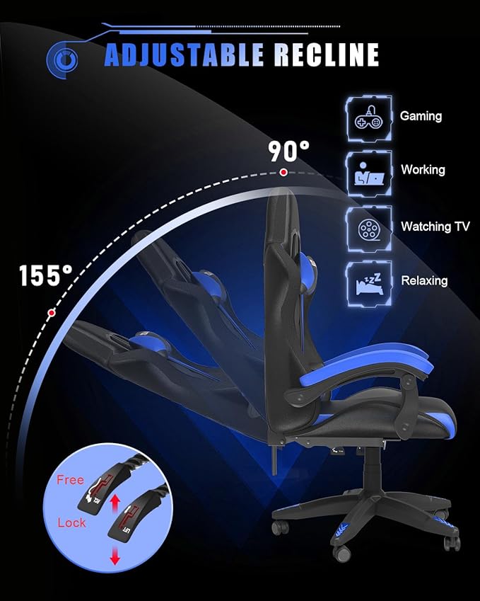 Bigzzia Gaming Chair with RGB LED Lights, High Back Ergonomic Computer Gamer Chair with Headrest and Lumbar Support, Racing Style Reclining Game Chair for Adults, Kids(Black/Blue)