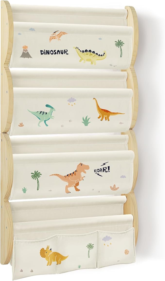 Wooden Wall Mounted Bookshelf for Kids Rooms, 4 Tier Floating Nursery Book Shelf, Kids Bookshelf with 2 Pockets, Toddler Sling Book Rack with Deep Sleeves (Dinosaur)