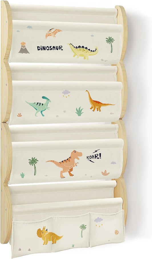 Wooden Wall Mounted Bookshelf for Kids Rooms, 4 Tier Floating Nursery Book Shelf, Kids Bookshelf with 2 Pockets, Toddler Sling Book Rack with Deep Sleeves (Dinosaur)