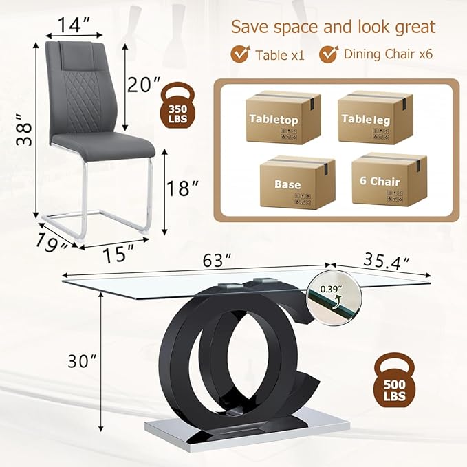 63'' Glass Dining Table Set for 6, Kitchen Table Chairs Set of 6, Clear Glass Dining Table with Black unique design Leg and Silver Metal Base, 6 PU Dining Chairs with Metal Legs, Living Room, Kitchen.