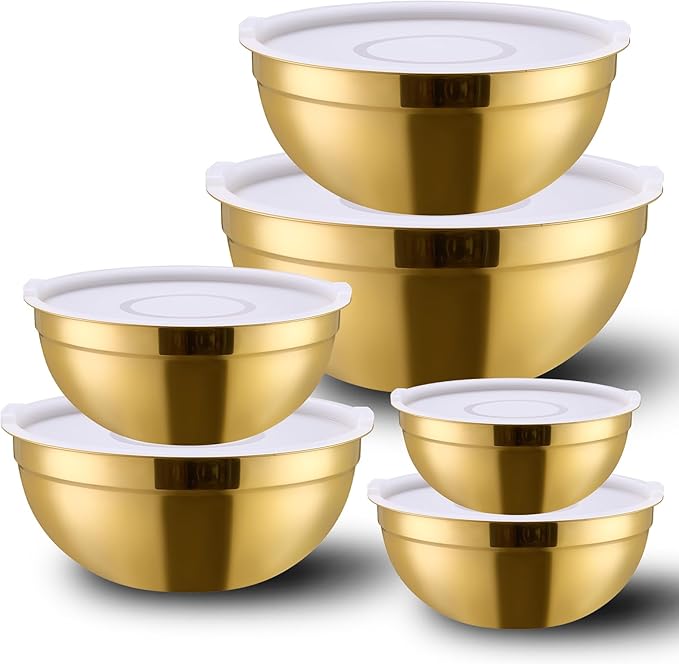 6 Piece Gold Mixing Bowls Set With Lids for Kitchen - Stainless Steel Ideal for Baking, Prepping, Cooking and Serving Food - Nesting Metal Bowls for Space Saving Storage