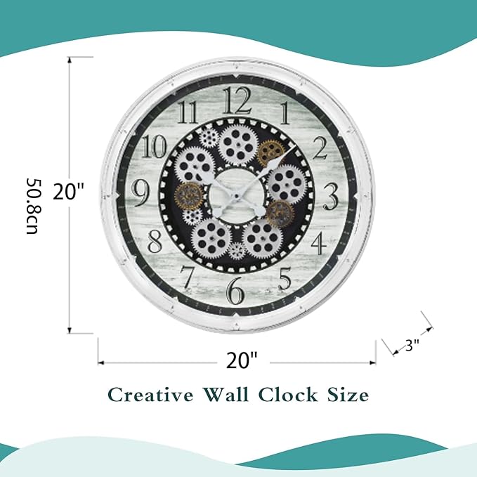 20 Inch Steampunk Wall Clock with Decorative Gears, Industrial Vintage Analog Clock for Living Room, Farmhouse, Office Decor, Silent Non-Ticking Battery Operated,Blue