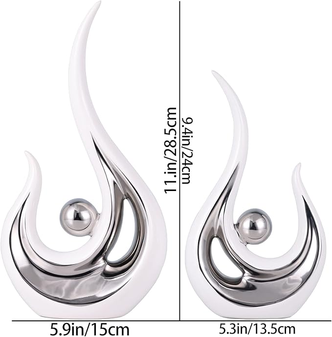 DOVDOV Abstract Ceramic Statues Set of 2, Silver and White Home Decor, Modern Classic Art Statues with Plated Gold Accents