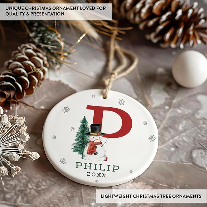 Andaz Press Personalized Ornament, Custom Name, Initial P Monogram Snowman 2.8" Ceramic Porcelain 2025 Christmas Ornament Keepsake for Kids, Boys, Girls, Includes Gold Ribbon & Gift Box, 1-Pack