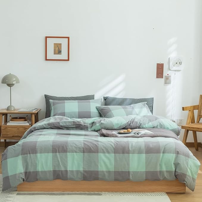 FACE TWO FACE Bedding Duvet Cover Set100% Washed Cotton Duvet Cover Linen Like Textured Breathable Durable Soft Comfy (Queen, Light Green Grid)