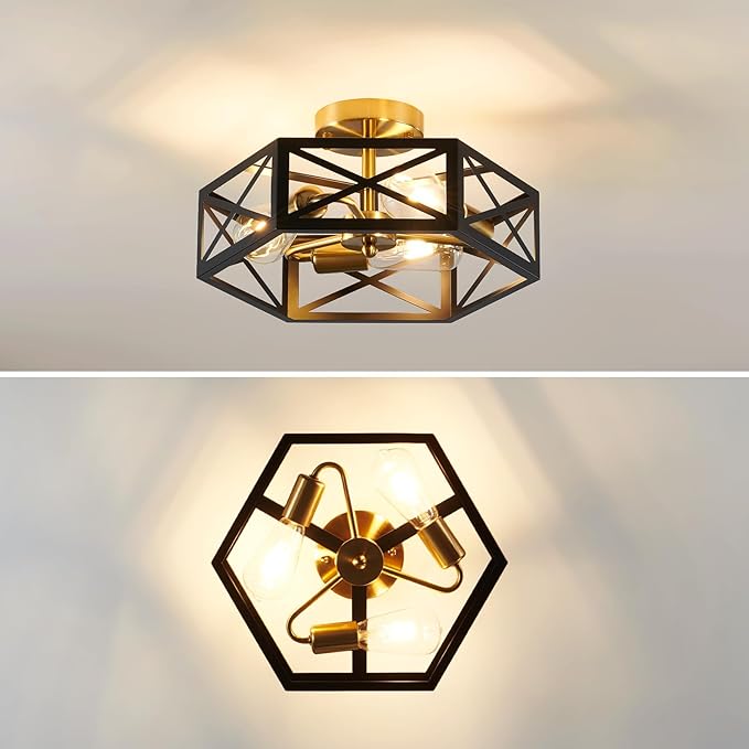 Modern Flush Mount Ceiling Light, 3-Light Black Gold Hallway Light Fixtures Ceiling Mount, Industrial Close to Ceiling Light with Metal Hexagon Cage Ceiling Lamp for Kitchen, Bedroom, Bathroom