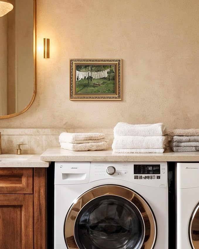 VIYYIEA Gold Framed Wall Art, Drying White Clothes Canvas Print Home Decor Vintage Art Painting Picture Bathroom Wall Decor, Oil Artwork for Living Room Bedroom Kitchen Office - 10L x 8W