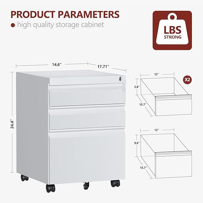 3 Drawer File Cabinet，Mobile Filing Cabinet with Lock and Wheels，Un-Assembled Metal Under Desk File Cabinets for A4/Letter/Legal Size（White