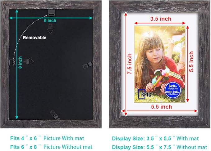 RPJC 6x8 inch Picture Frame Made of Solid Wood and High Definition Glass Display Pictures 4x6 with Mat or 6x8 Without Mat for Wall Mounting Photo Frame Driftwood Finish