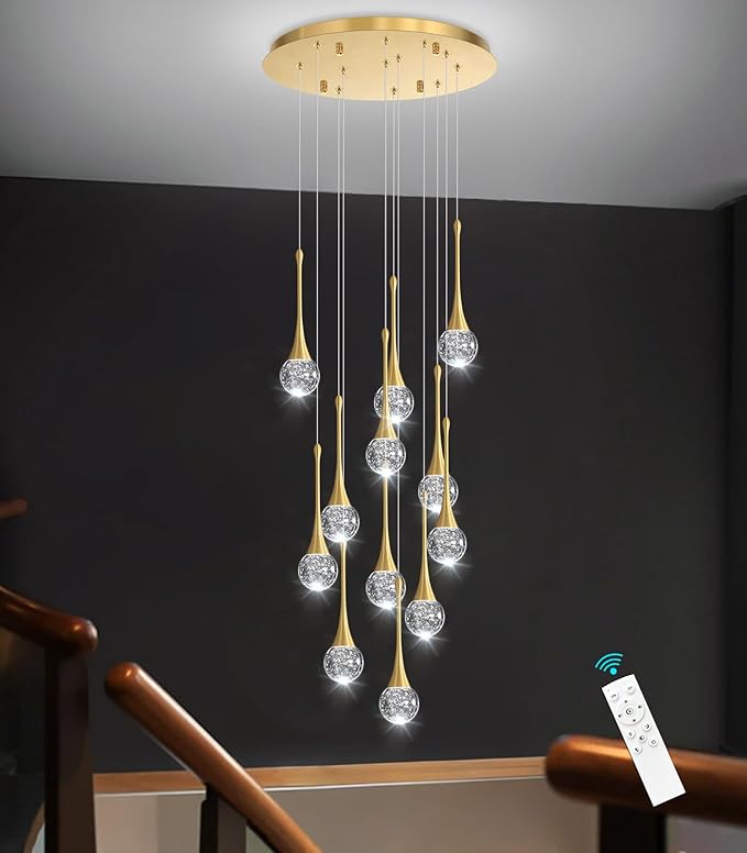 118 inches Modern Glam Crystal Chandelier for High Ceiling LED Dimmable Ceiling Pendant Light Staircase Foyer Enterway Living Room Chandelier Lighting Antique Gold 12 Lights