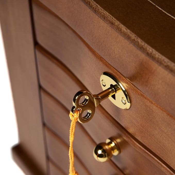 FEECOZ Wooden Jewelry Box for Women, Solid Wood Jewelry Organizer with Mirror and 3-Drawer, Ring,Necklacel,Vintage Style Storage Box with Lock (Dark Brown(lotus pattern)