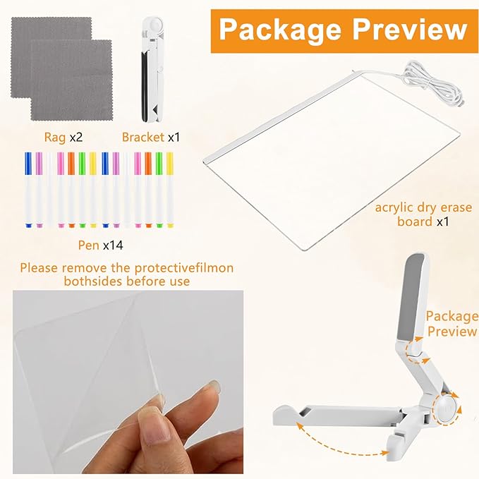 Led Note Board with Colors, 11.8 X 7.9” Acrylic Dry Erase Board with Light, Light Up Dry Erase Board with Adjustable Stand, Led Board White Board with 14 Pen for Office School Home