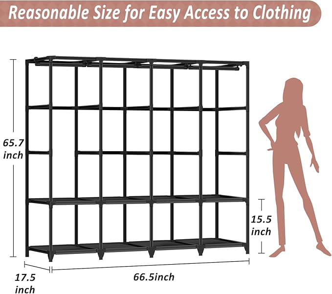 Wardrobe Closet, Quick and Easy Assembly, Gray Large Capacity Portable Closet with 4 Hanging Rods 8 Storage Shelves and 8 Side Pockets, Clothes Rack with Cover, for Bedroom and Living Room