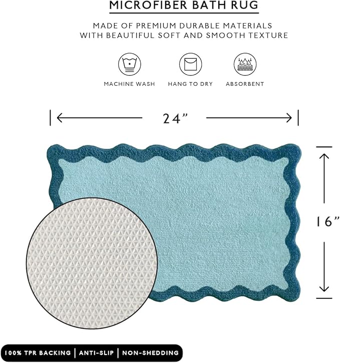 MONDAY MOOSE Bath Mat with Scalloped Wavy Ripple Design, Microfiber Absorbent Non Slip Tufted Rug for Floor, Shower or Kitchen (16x24 inch, Blue)