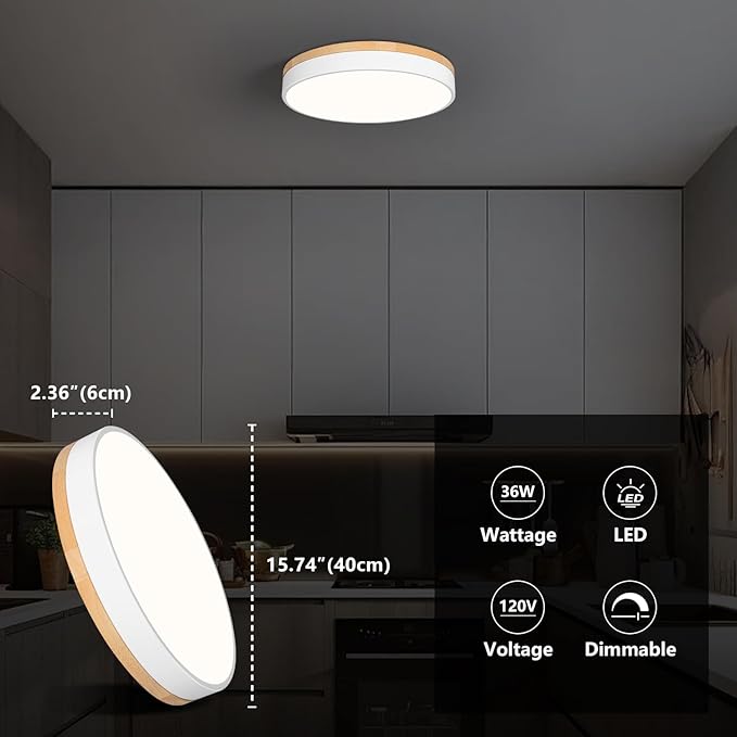 Modern Dimmable LED Close to Ceiling Light Minimalist Wood Oak Flush Mount Ceiling Light Fixture Circle Lighting with Lampshade for Bedroom Living Room Bathroom Laundry Room (White, 15.7'')