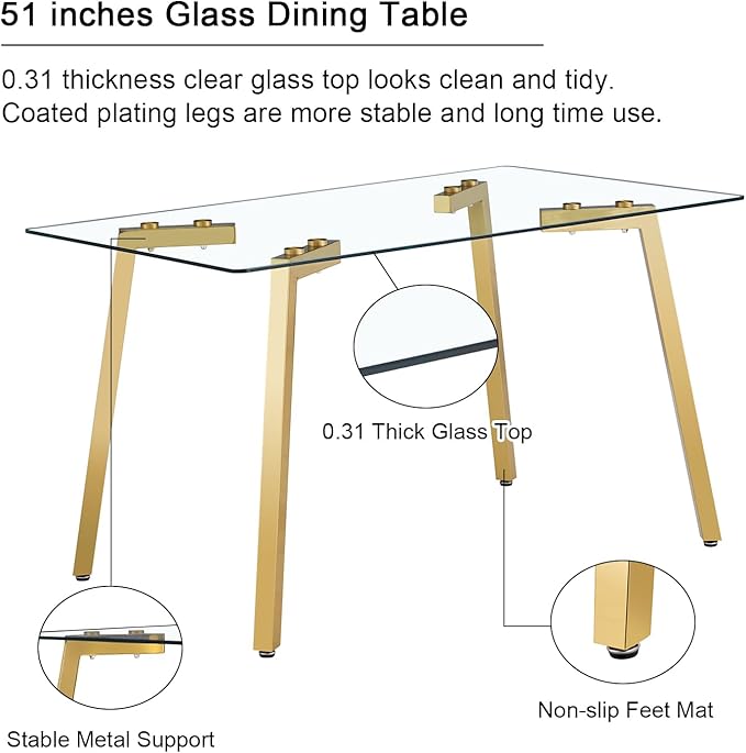 Dining Table Set of 4,51" Rectangle Tempered Glass Tabletop with Golden Metal Legs,Kitchen Room Table with 4 Light Grey Faux Leather Chairs,Dinner Table Set for Dining Room Office