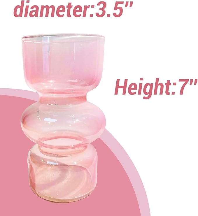 BLOFLO Pink Transparent Glass Hydroponic Vase, 7Inches Colored Glass Vase for Flower, Modern Geometric Three-Layer Floral Vases for Home Office Wedding Table Décor(Pink)