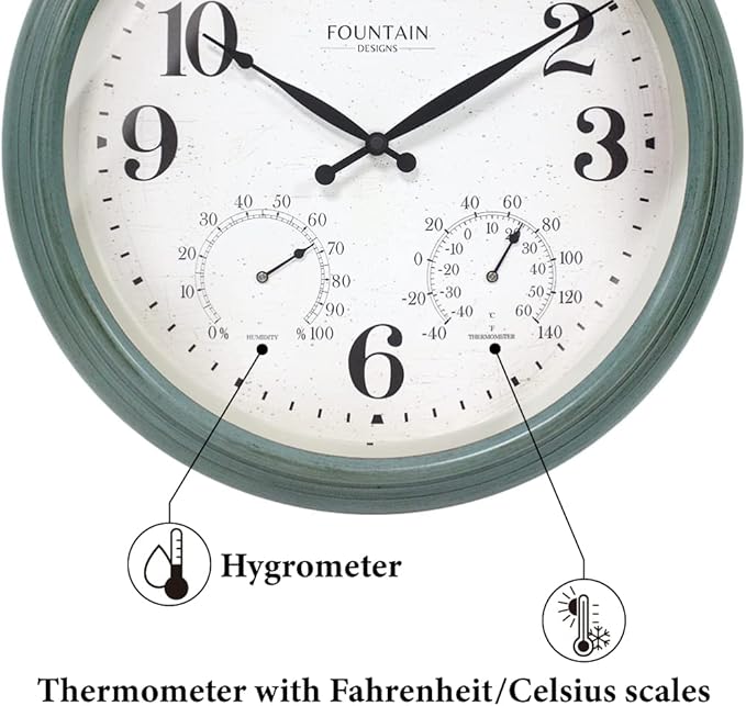 Maison in/Outdoor Clock with Thermometer, 2 in One Weather Station (Weather Thermometer/Wall Decoration) (Aged Teal, 18 inch)