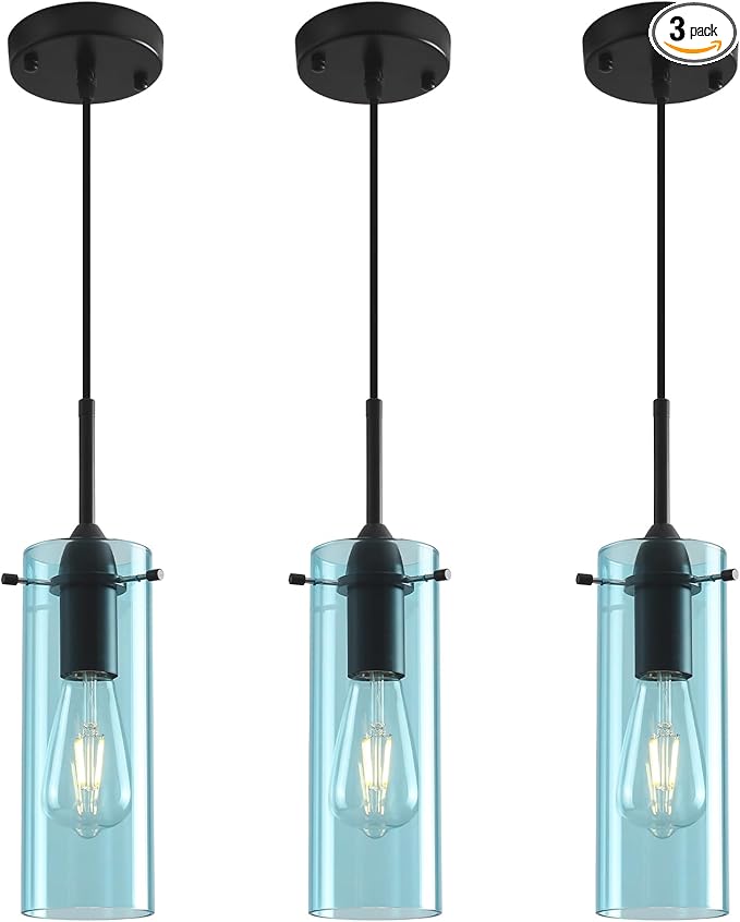 Blue Pendant Lights Kitchen Island 3 Packs, Blown Glass Pendant Light, Modern Glass Kitchen Pendant Light, Hanging Pendant Lights, Island Pendant Lights for Kitchen, Dining Living Bathroom