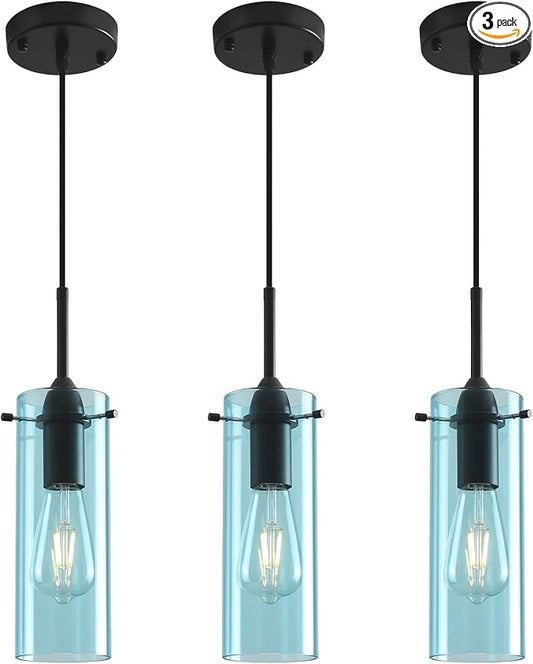 Blue Pendant Lights Kitchen Island 3 Packs, Blown Glass Pendant Light, Modern Glass Kitchen Pendant Light, Hanging Pendant Lights, Island Pendant Lights for Kitchen, Dining Living Bathroom