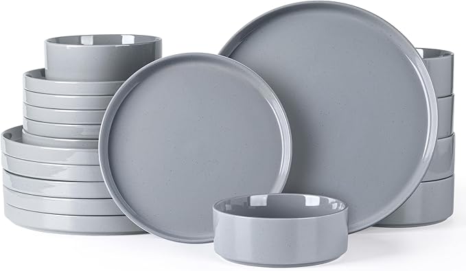 GBHOME Dinnerware Set for 6, 18 Piece Speckled Plates and Bowls Set with Glazed Bottom, Chip & Scratch Resistant Stoneware Plates Sets, Dishwasher & Microwave Safe Dishes, Limestone