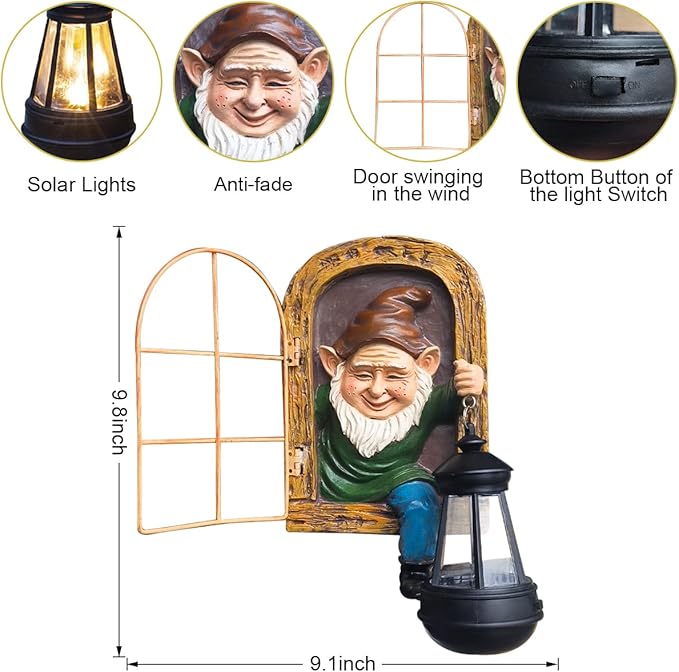 Whimsical Fairy Garden Gnomes with Solar Lights-10 Elf Out The Door Tree Hugger Garden Statues-Outdoor&Yard Decor-Tree Face Sculpture,Ideal Gnomes Yard Art for Patio,Wall，Yard