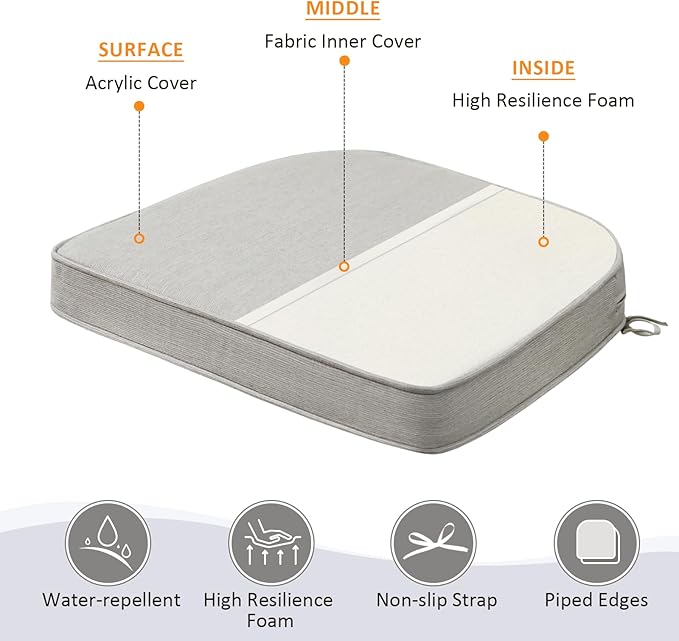 Sunbrella Round Corner Seat Cushions, 17" x 16" x 2", Set of 4, Indoor Outdoor Water Repellent Universal Chair Pads with Ties for Patio Furniture, Garden Dining Chairs, Specrtum Pebble