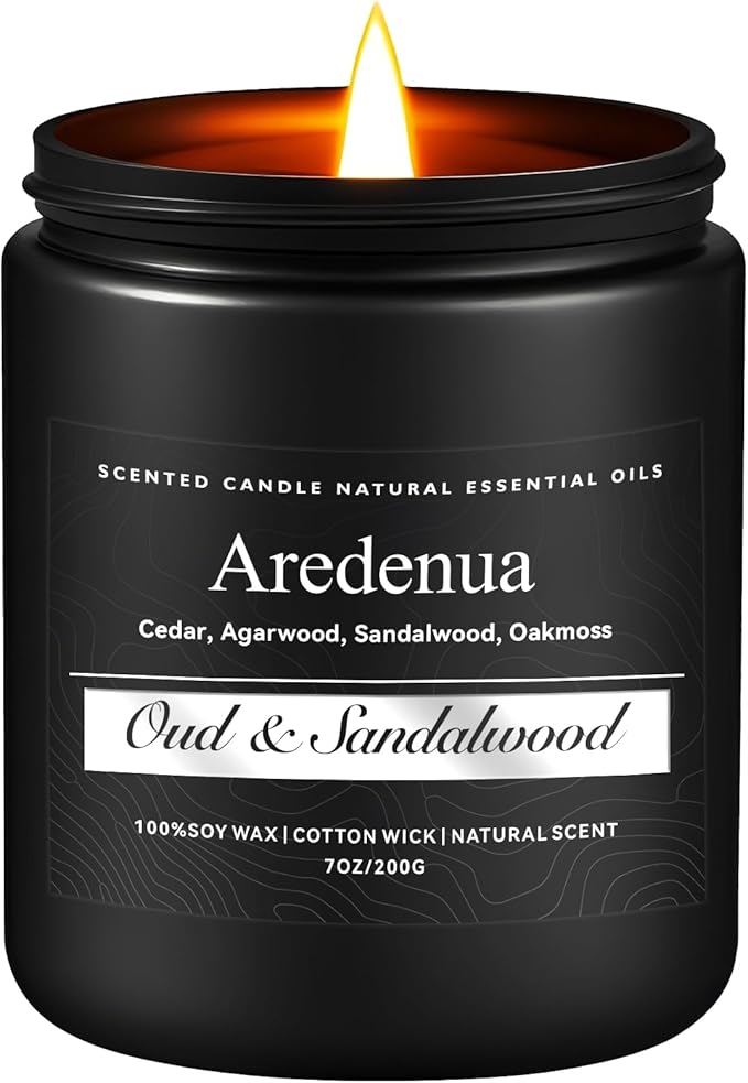 Oud & Sandalwood Candle, Manly Scented Candles for Men, Masculine Candle, Aromatherapy Gifts for Men - 7oz Soy Candles for Home Scented, 50 Hours Burn Time, Perfect for Relaxing Home Fragrance