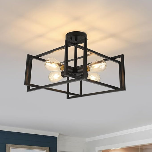 WILON Black Ceiling Light Fixture, 4-Light Farmhouse Light Fixtures Ceiling Mount, Modern Square Semi Flush Chandelier Ceiling Lamp for Kitchen Dining Room Bedroom Laundry Room Living Room