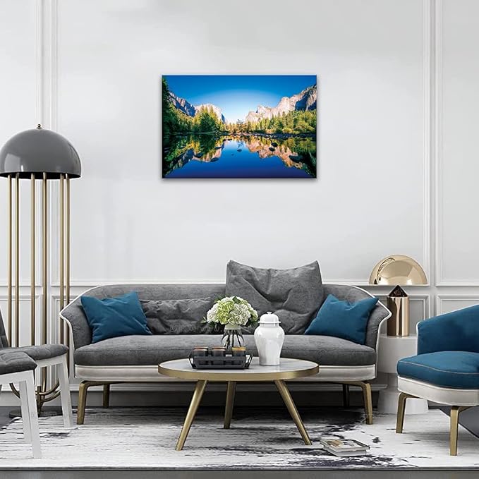 SKASNFAI Yosemite National Park Canvas Wall Art Forest Artwork Blue Lake Picture Prints Framed Home Decor for Bedroom Living Room (16x24 inch)