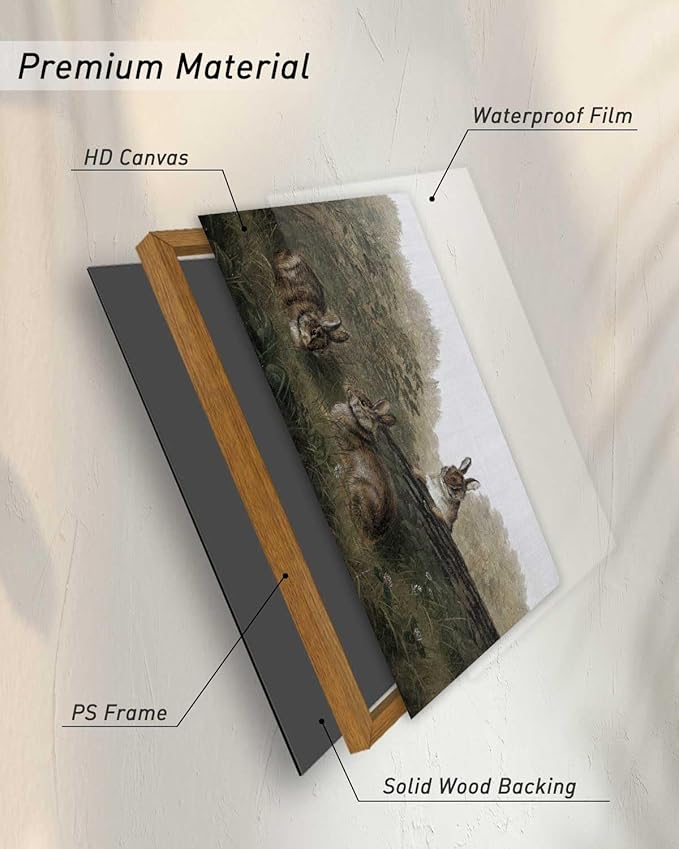 InSimSea Framed Wall Art for Living Room Three Rabbits Easter Bunny Decor Vintage Landscape Wall Art Aesthetic Woodland Animal Oil Painting Prints Countryside Farmhouse Wall Decor for Bedroom 11x14in