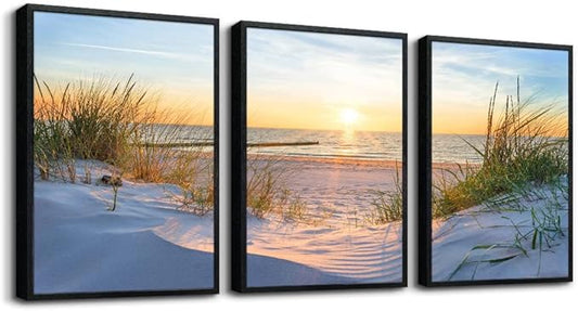 Black Framed Beach Wall Art Set - Blue Seascape Paintings for Living Room, Bedroom & Office - 12"X16" Each