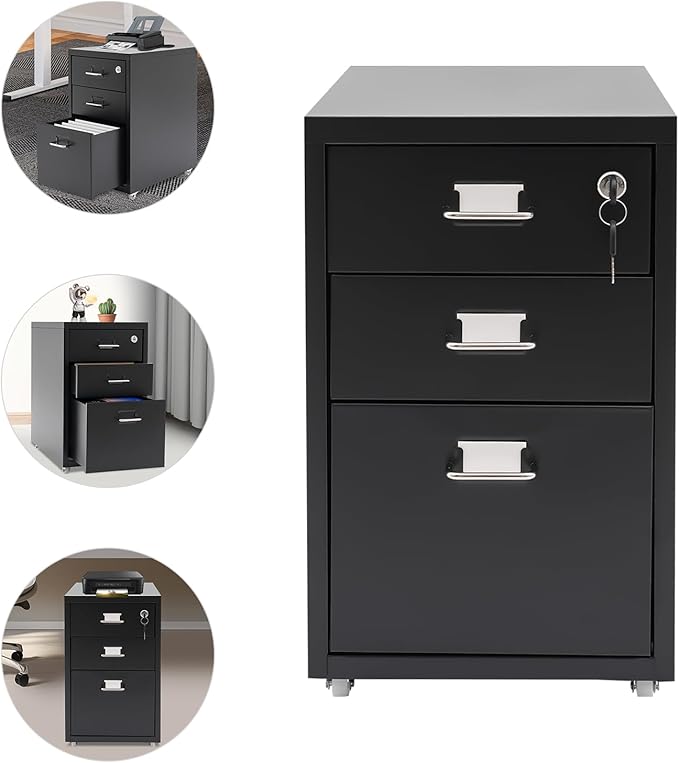 3 Drawer Rolling File Cabinet with Lock, 11 x 16 x 18.3in Filing Cabinet with Wheels, Wood Under Desk Office Storage Cabinet fits A4, Letter Sized Documents for Home Office (Black)