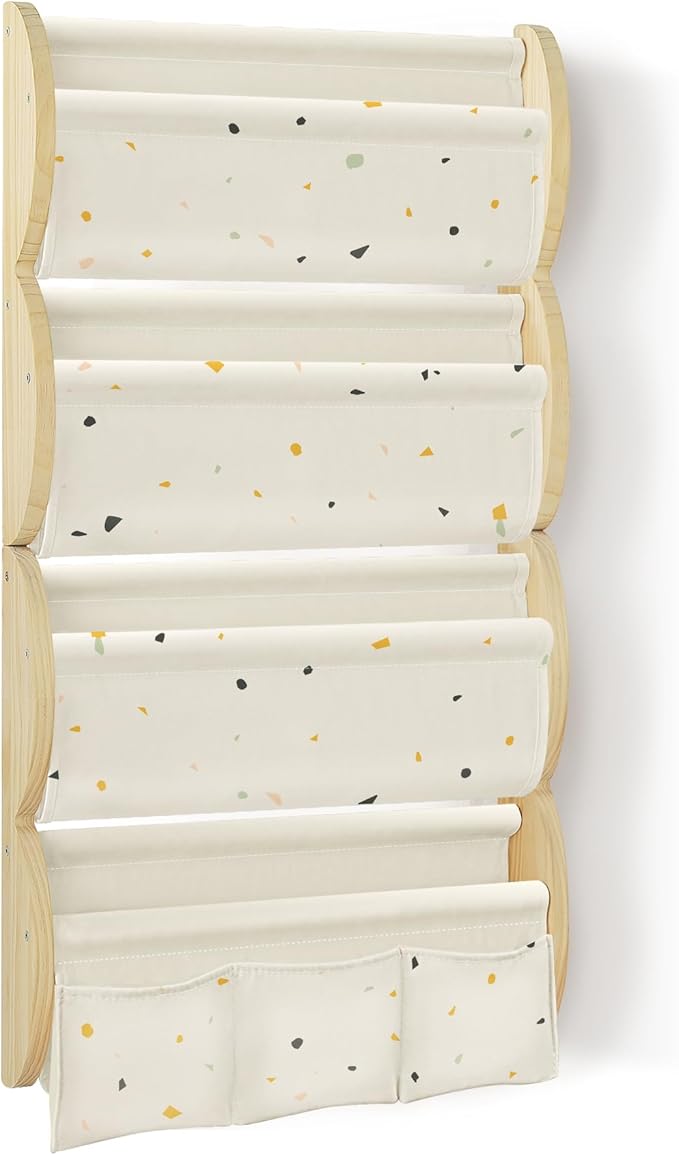 Wooden Wall Mounted Bookshelf for Kids Rooms, 4 Tier Floating Nursery Book Shelf, Kids Bookshelf with 2 Pockets, Toddler Sling Book Rack with Deep Sleeves (Terrazzo)