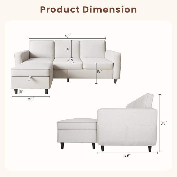 Sectional Sofa Couches for Living Room - L Shaped Cloud Couch-Comfy L Shape Modular Sofa,with Storage Chaise-Washable Covers-Suitable for Living Rooms,Apartments,Rooms and Offices-Beige