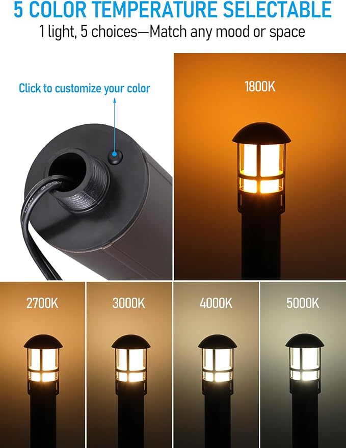 LEONLITE 12-Pack 5CCT Low Voltage Landscape Pathway Lights 3W Landscape Lighting 12-24V LED Bollard Path Lights Wired CRI 90+ Aluminum Pathway Lighting for Walkway Yard Garden, ETL Listed, 1800-5000K