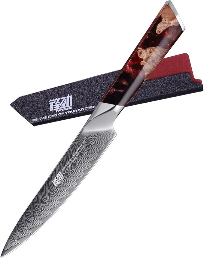 FINDKING Nebula Series Kitchen Utility Knife with ABS Sheath, Versatile Small Petty Knife, 10Cr15CoMov Damascus Blade, Resin and Figured Sycamore Handle, Full Tang, 5 Inch, Red, for Fruit, Steak