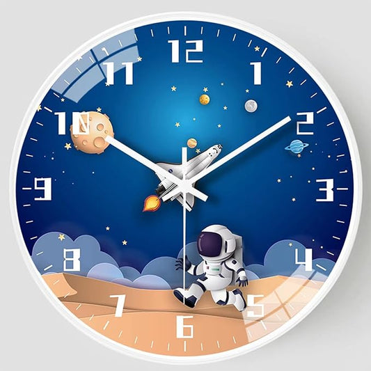 12 Inch Silent Movement Kids Wall Clock, Non Ticking Children Round Wall Clock Battery Operated Space Travel Style Decor Children Clock for Home School Boys Bedroom Living Room (White)