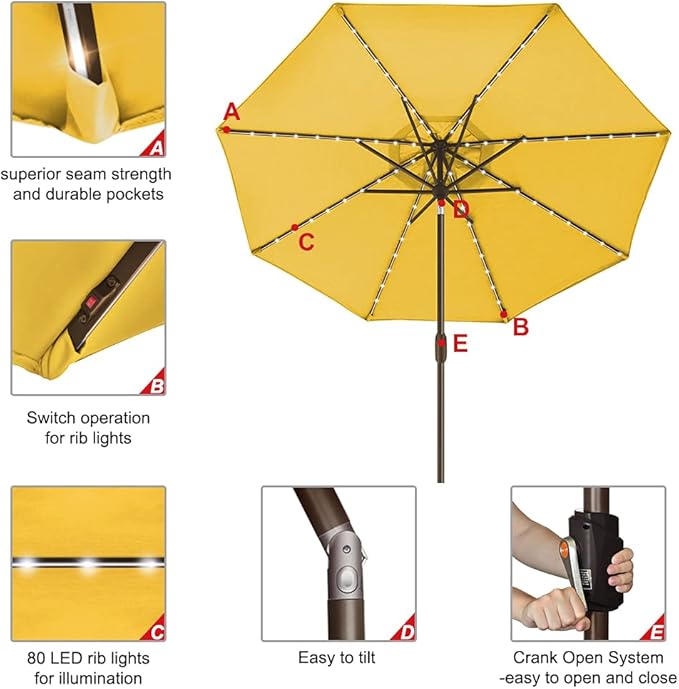 EliteShade USA 10-Year-Non-Fading Solar 9ft Market Umbrella with 80 LED Lights Patio Umbrellas Outdoor Table Umbrella with Ventilation, Sunflower Yellow