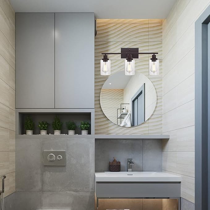 MELUCEE 3 Light Bathroom Vanity Light Oil Rubbed Bronze, Industrial Wall Light Fixture with Clear Glass Shade Sconces for Bedroom Porch Kitchen Living Room (Patent No.: US D963914 S)