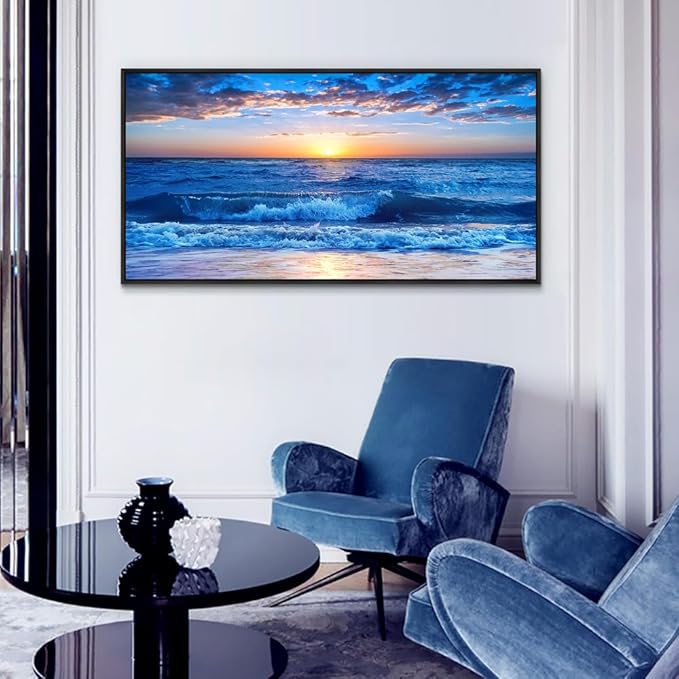 Wapluam Black Framed Canvas Wall Art For Living Room Large Wall Decor For Bedroom Office Wall Decorations Blue Ocean Beach Wall Painting Sunny Sea View Wave Wall Pictures Artwork Room Home Decor