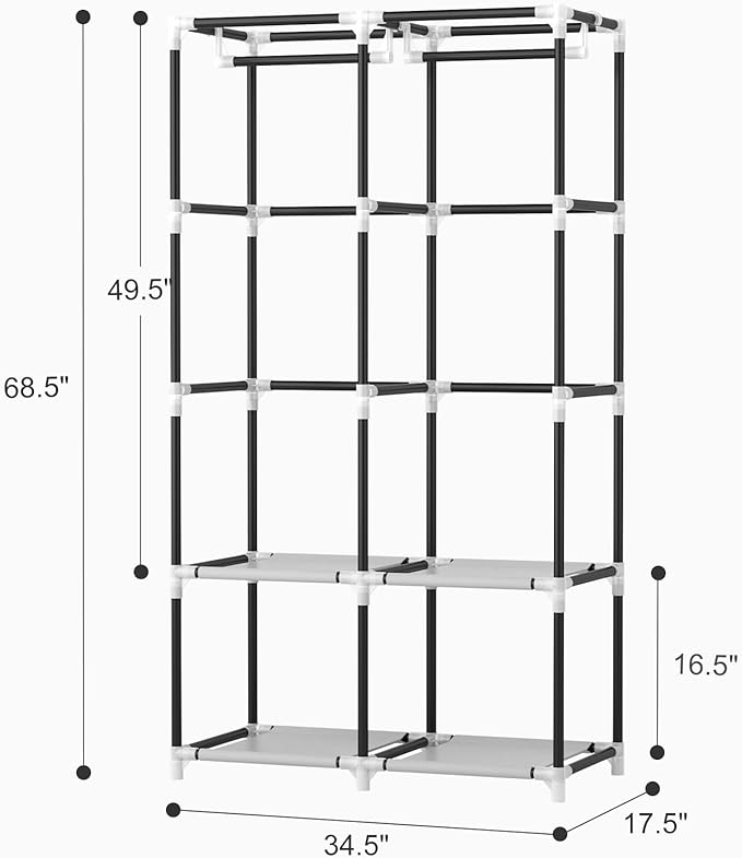 VTRIN Portable Closet Wardrobe Closet for Hanging Clothes with 4 Storage Shelves, 2 Hanging Rods and 6 Pockets, Stable and Easy Assembly Clothes Rack with Cover Free Standing Closet White