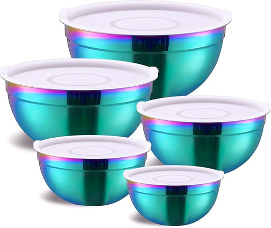 Colorul Mixing Bowls with Airtight Lids, Stainless Steel Nesting Mixing Bowls Set of 5, Ideal for Baking, Prepping and Serving Food, Size 5.5, 3.6, 2.7, 2.1, 1.5, QT, Stackable Design