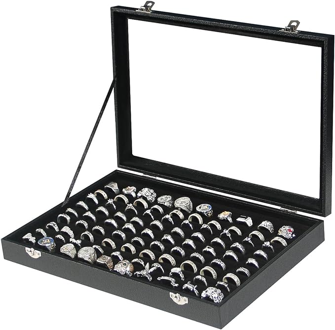 Coward Ring Organizer Jewelry Box, Black Velvet 100 Slots Ring Display Tray Case with Transparent Glass Lid for Home Use or Store Selling Show