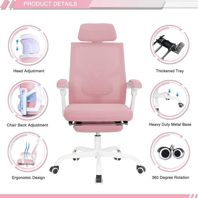 Qulomvs Mesh Ergonomic Office Task Chair with Footrest, Headrest and Backrest 90-135 Adjustable Computer Executive Home Desk Chair with Wheels 360 Swivel